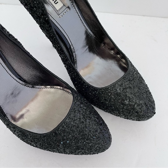 Miu Miu Prada Size 38 Black Glitter Round Toe Heels Pumps - Picture 4 of 16